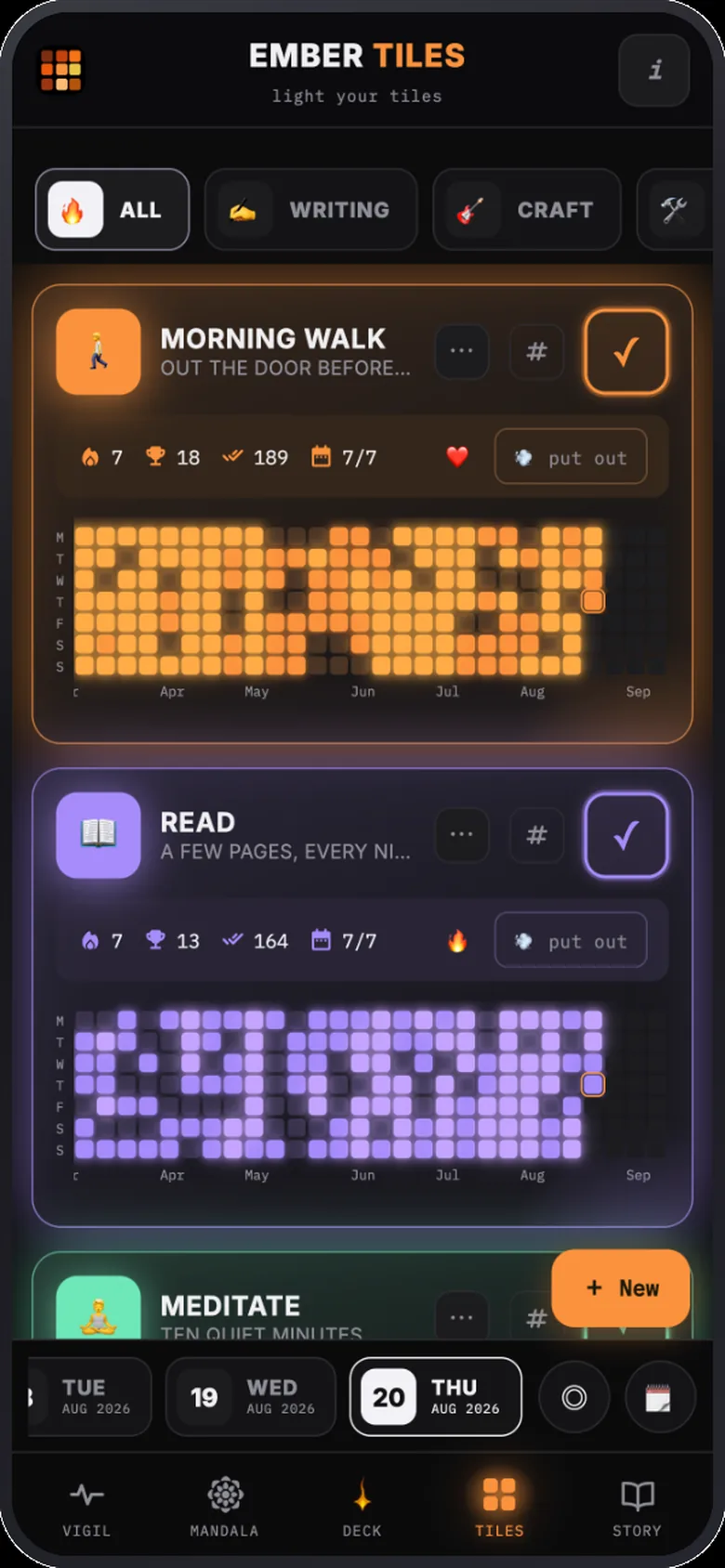 The Ember Tiles app showing walls of glowing amber tiles, one lit for each day a habit was kept