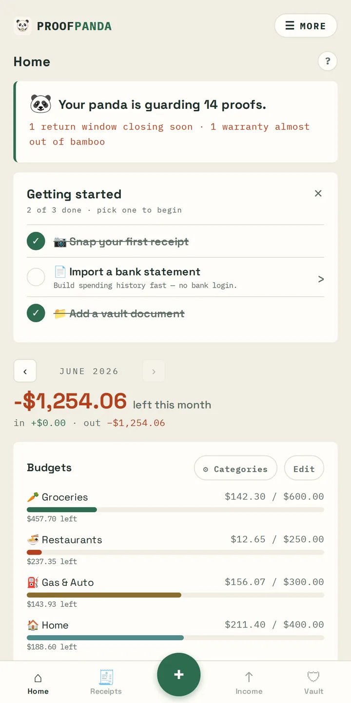 The Proof Panda app home screen, showing recent proofs filed into rooms
