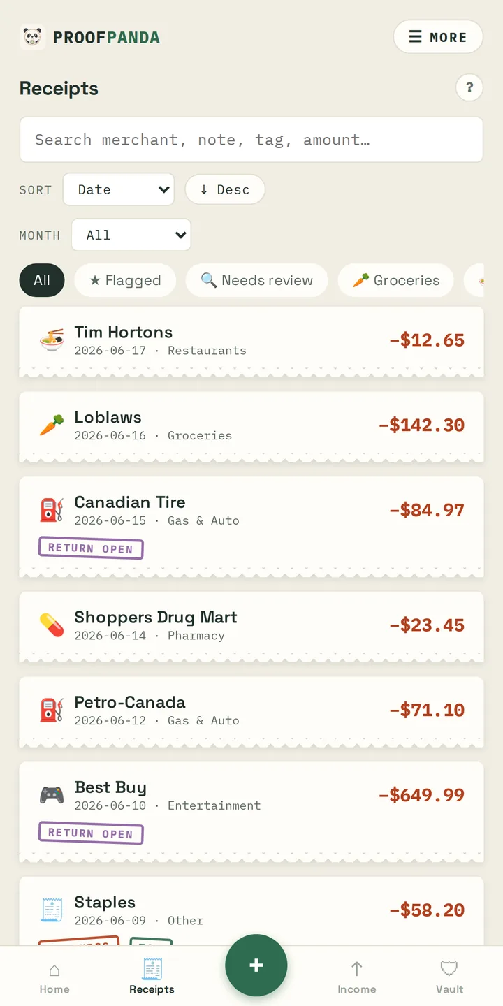 The Proof Panda receipt-scanning screen, reading a merchant, total and date from a photographed receipt