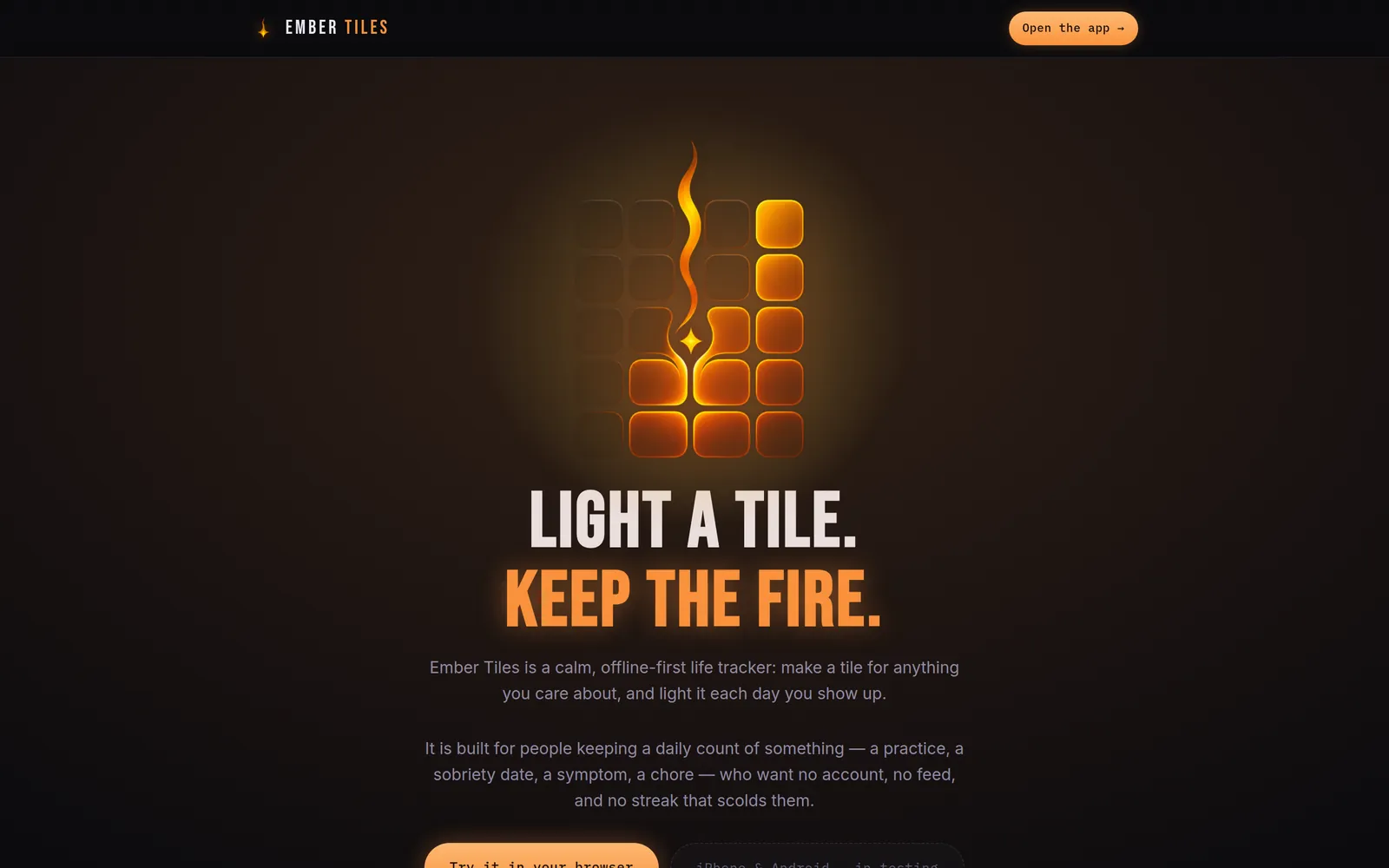 The Ember Tiles website on desktop — glowing amber tiles stacked into a flame above &ldquo;Light a tile. Keep the fire.&rdquo;
