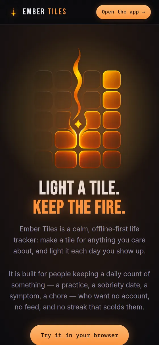 The Ember Tiles website on a phone, the flame of tiles above the headline and a try-it button