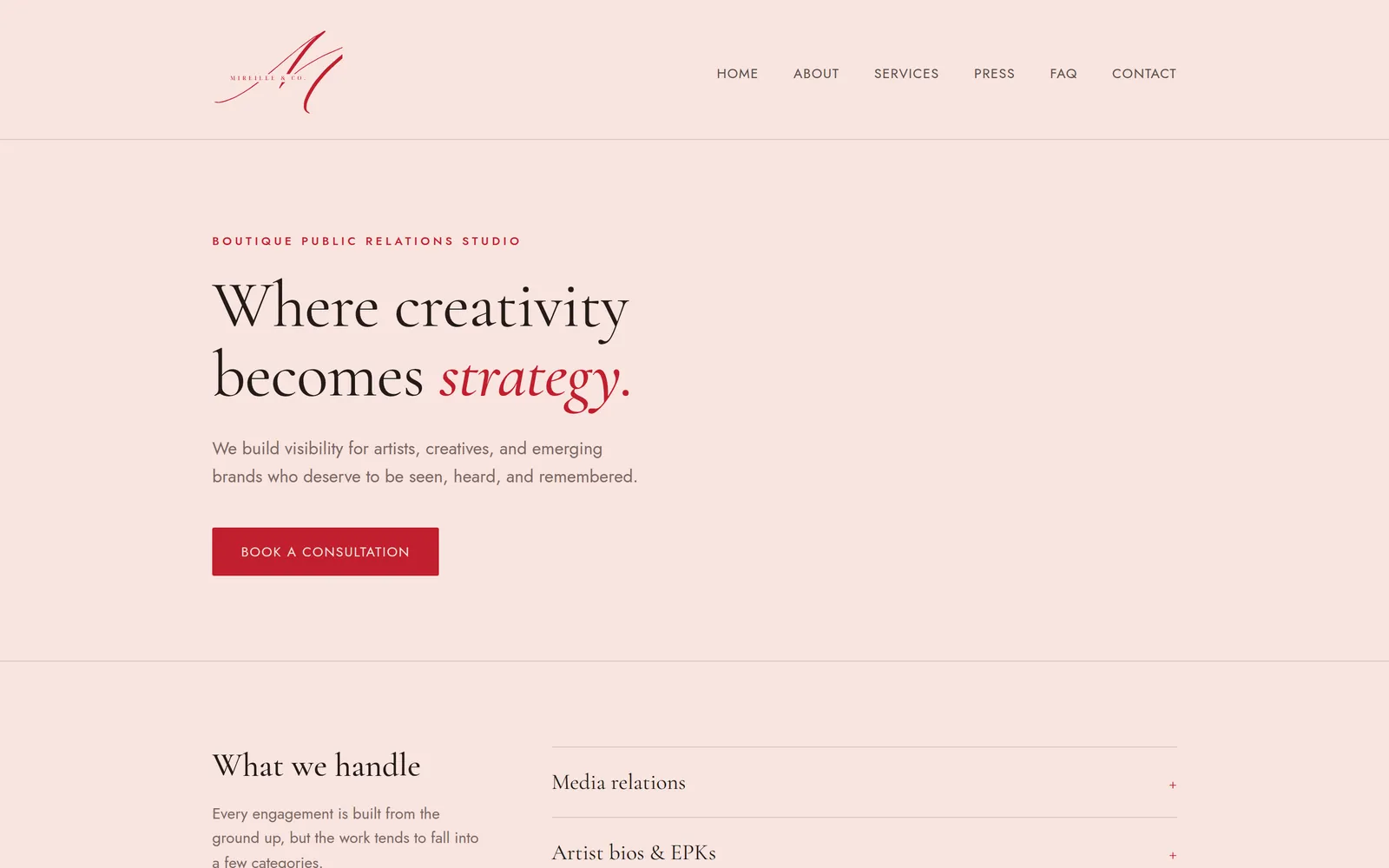 The Mireille & Co. website on desktop — a cream page headed &ldquo;Where creativity becomes strategy&rdquo; above a list of PR services
