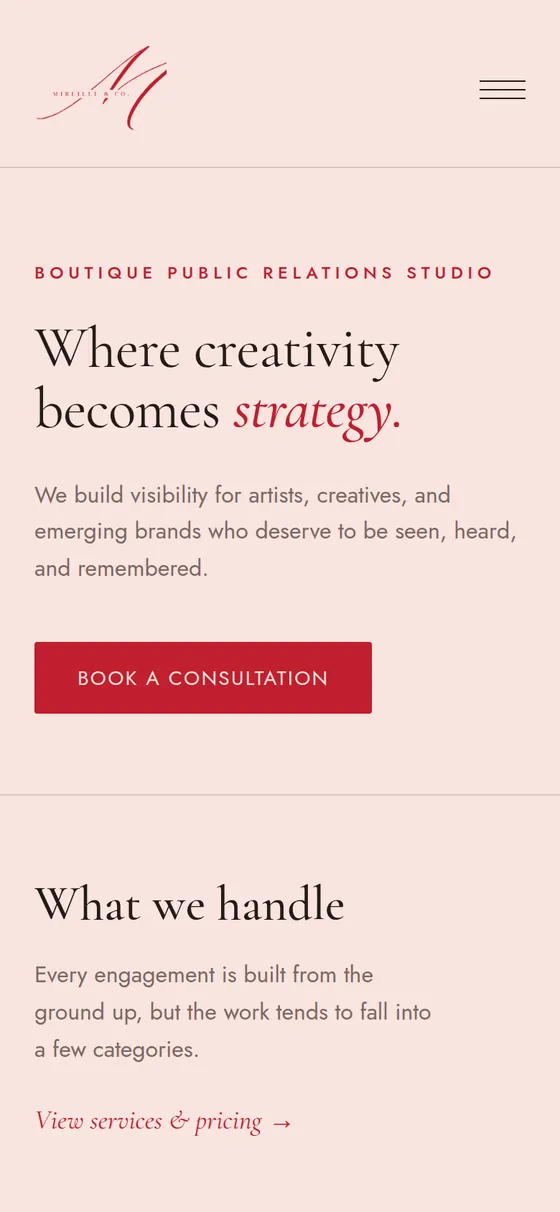 The Mireille & Co. website on a phone, the headline and consultation button stacked in a single column