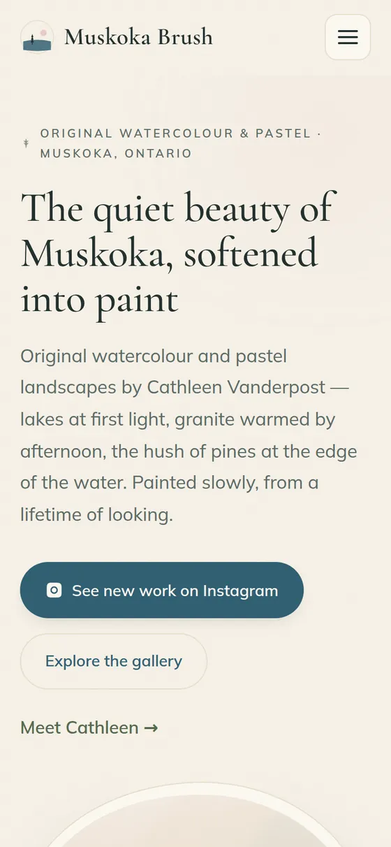 The Muskoka Brush website on a phone, headline and gallery links stacked above the painting