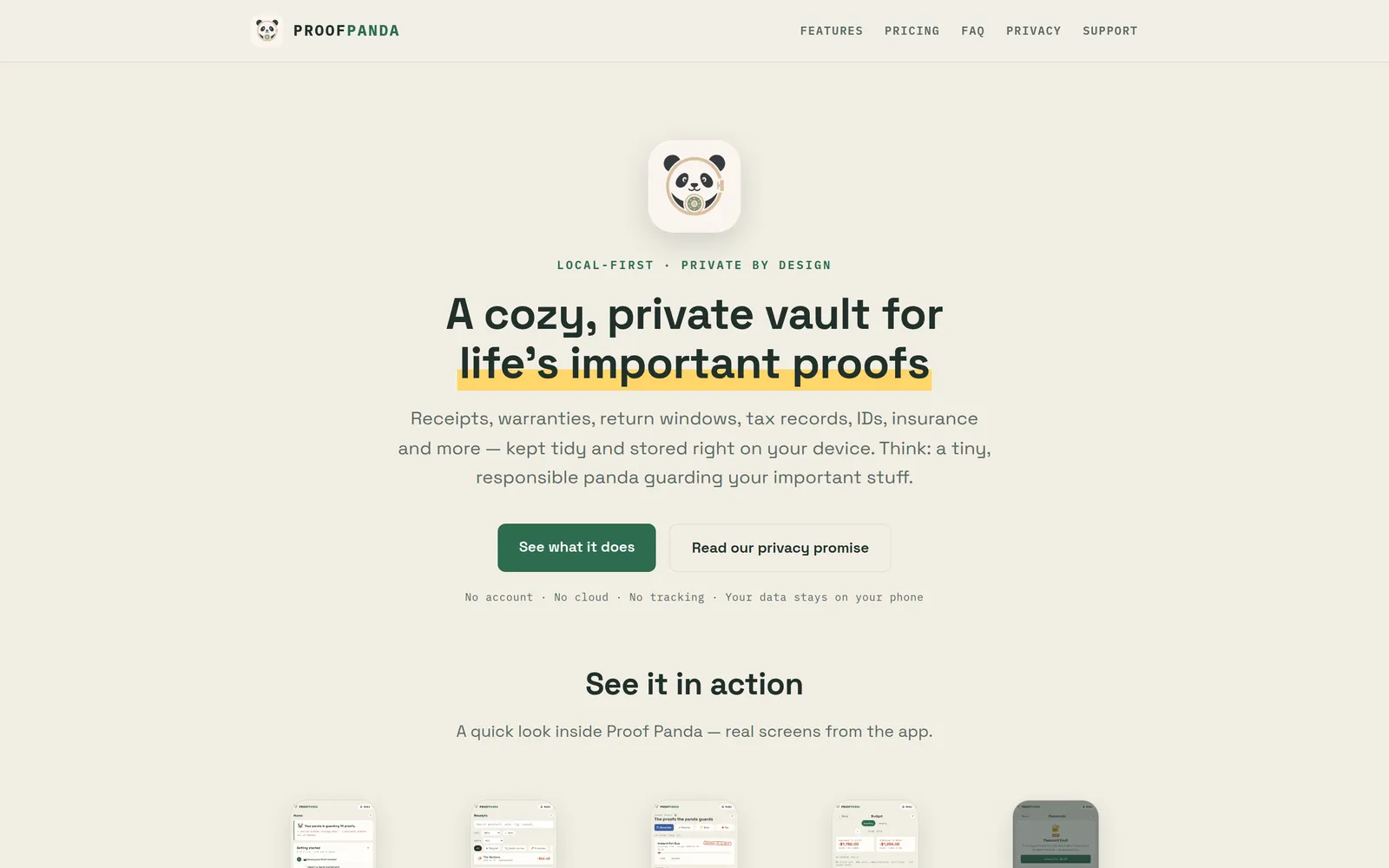 The Proof Panda website on desktop — the panda mark above &ldquo;A cozy, private vault for life&rsquo;s important proofs&rdquo;