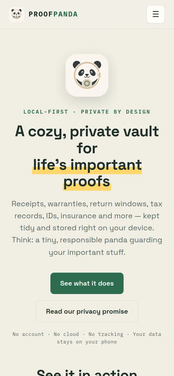 The Proof Panda website on a phone, the headline and app screens stacked vertically