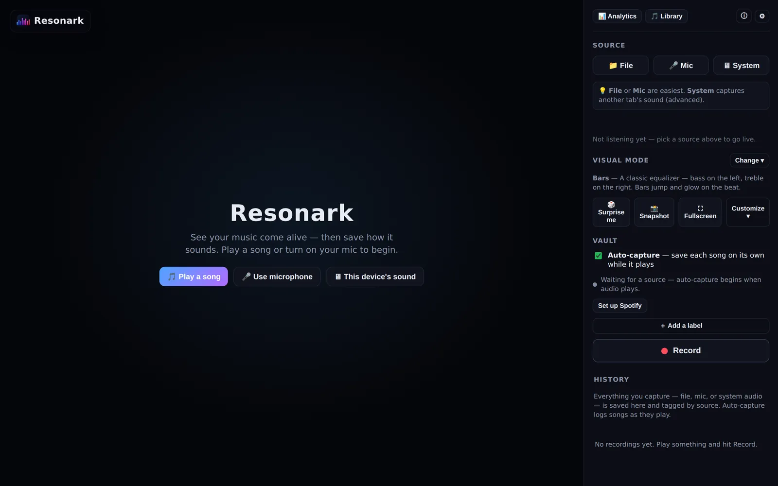 The Resonark app on desktop &mdash; a dark visualizer canvas beside a control panel for audio source, visual mode, and the capture vault