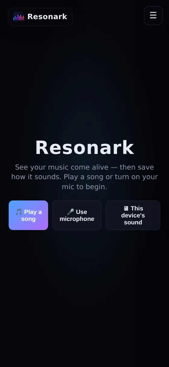 The Resonark app on a phone, the visualizer stacked above its source and capture controls