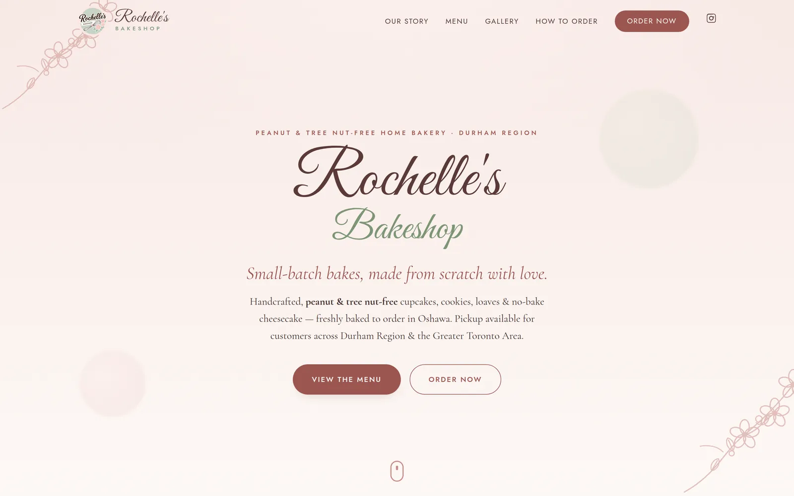 The Rochelle&rsquo;s Bakeshop website on desktop — a script logo over &ldquo;Small-batch bakes, made from scratch with love&rdquo; and menu and order buttons