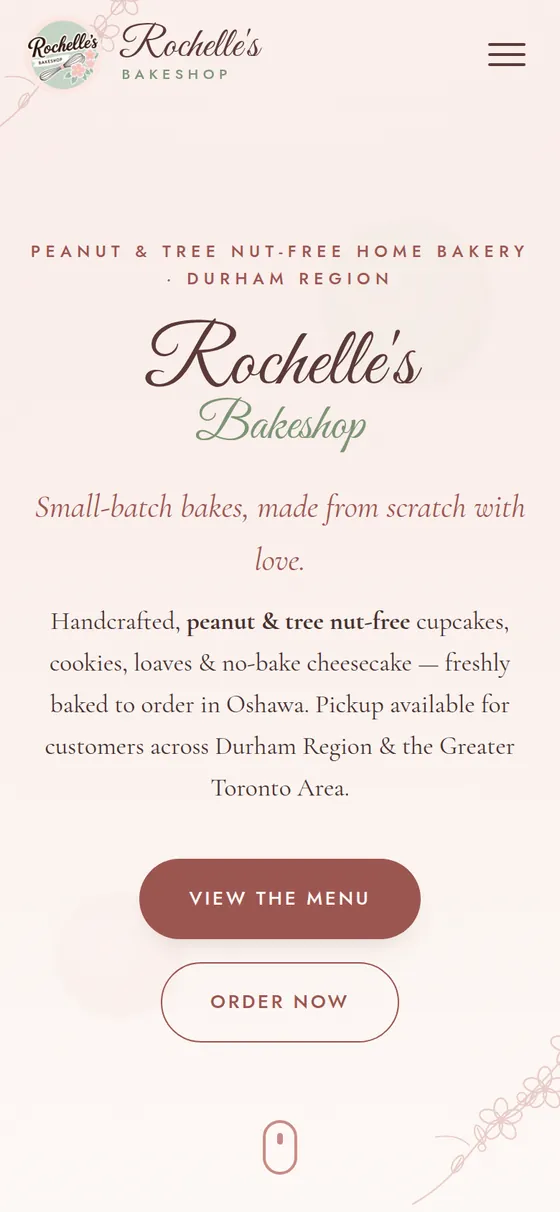 The Rochelle&rsquo;s Bakeshop website on a phone, logo and ordering buttons stacked in one column
